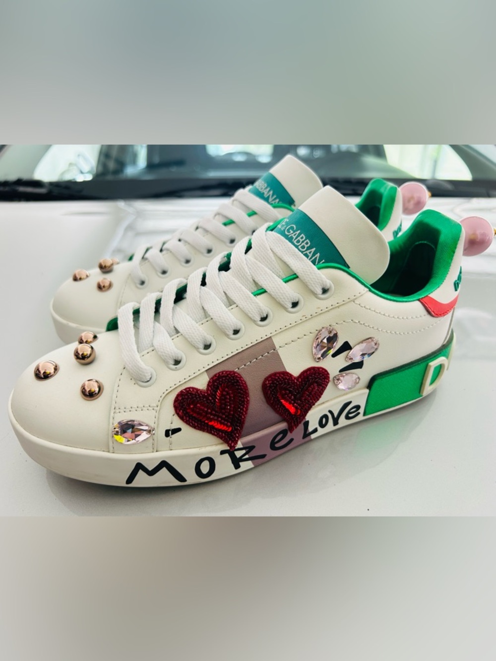 Dolce & Gabbana White Sneakers with Red Hearts and Green Accents
